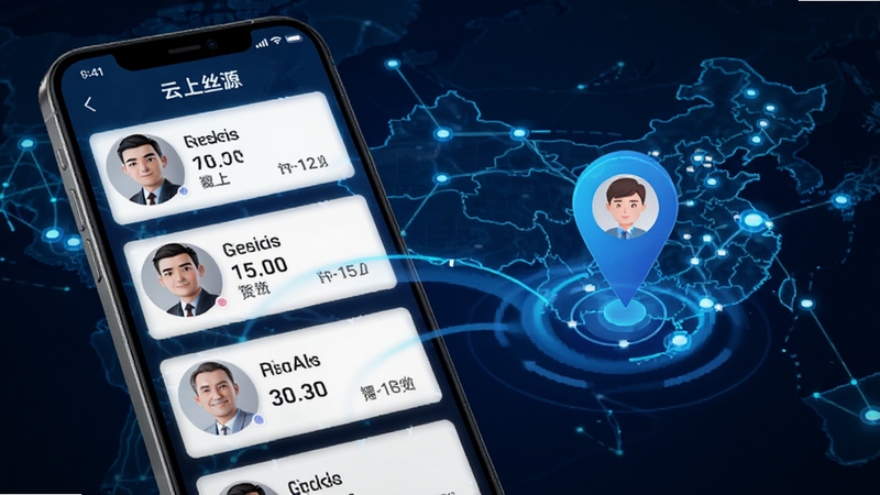 云上丝路智能车货匹配功能展示 手机界面中货源列表与地图定位图标交相呼应 司机头像与货物信息卡片整齐排列 背景为数字化物流网络拓扑图 科技感十足 蓝色光效点缀 高清细节