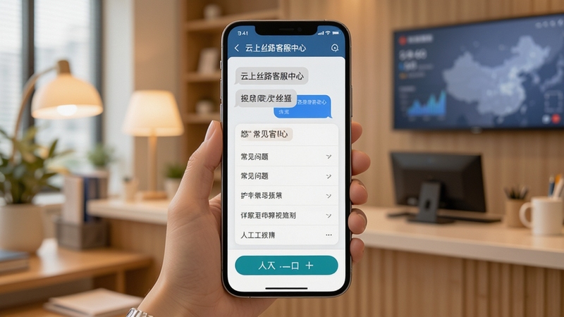 云上丝路客服中心界面 手机屏幕展示在线客服对话窗口 常见问题列表与人工入口 背景为温馨的办公服务场景 柔和光线 简洁明快