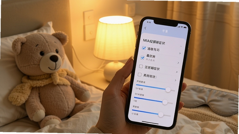 MIA经期症状记录页面,屏幕显示多种勾选项与滑块调节,主体为手持手机姿势,背景为卧室床头柔和灯光,旁边有毛绒玩偶与眼罩,突出私密舒适的使用场景