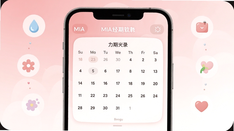 MIA经期软件主界面清爽展示,中央为日历式周期记录面板,背景为柔和粉白渐变,画面主体位于屏幕中央偏上,四周环绕小图标如水滴、花朵、爱心,整体风格温馨简约,适配Boogu模型生成
