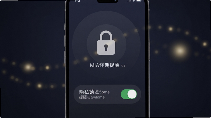 MIA经期提醒设置与隐私锁界面,画面主体为手机屏幕显示锁形图标与提醒开关,背景为深色渐变保护隐私氛围,点缀柔和光点,突出安全可靠感