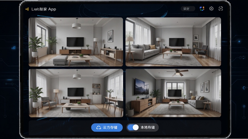 ���Զ�̿�������ͷApp�Ķ��豸�������棬��Ļ���������ĸ���ػ��洰�ڣ��ֱ���ʾ��ͬ�����ʵʱ��Ƶ������ײ����ƴ洢�ͱ��ش洢�л���ť������Ϊ��ɫ�Ƽ����ͻ����·��������