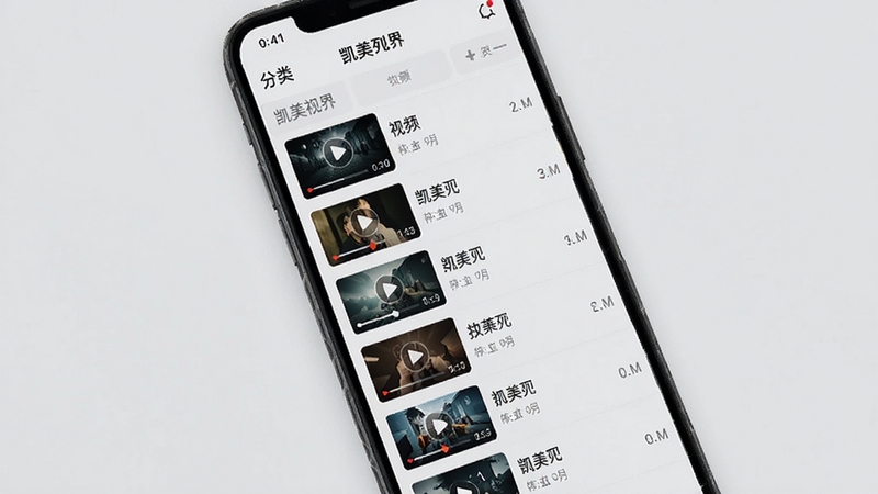 凯美视界播放列表管理界面 手机屏幕显示分类清晰的视频列表 带有缩略图和时长信息 背景为浅灰色极简风格 突出整齐有序的视觉效果