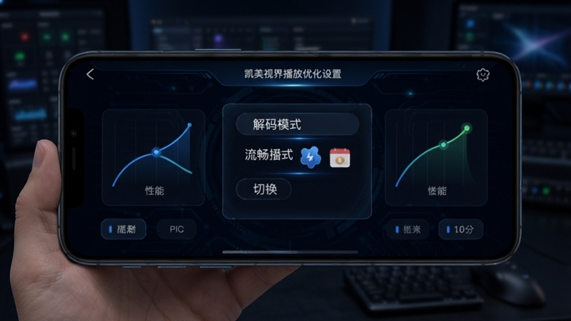 凯美视界播放优化设置界面 手机屏幕展示解码模式切换选项 背景为深色科技风格 带有性能曲线图标 突出流畅播放概念