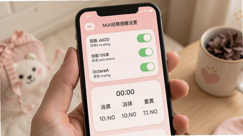 MIA经期提醒设置页面,手机屏幕显示多个提醒开关与时间选择器,背景为淡粉色渐变,界面元素柔和圆润,传递温暖关怀感