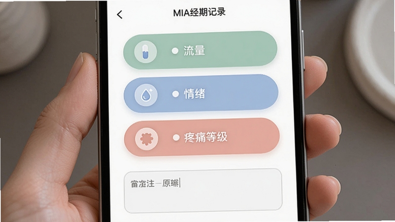MIA经期记录页面展示,屏幕中央为流量、情绪、疼痛等级选择按钮,下方有文字备注输入框,配色柔和,图标圆润,整体布局清爽易操作