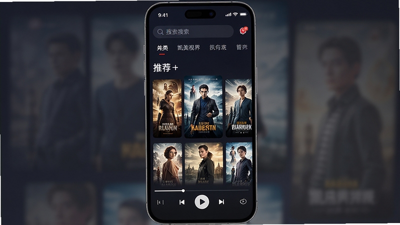 凯美视界APP主界面展示,画面中央是软件首页推荐影视海报墙,背景为深色渐变风格,顶部有搜索栏和分类导航,底部为播放控制栏,整体界面简洁现代,手机屏幕竖版构图,高清UI设计图
