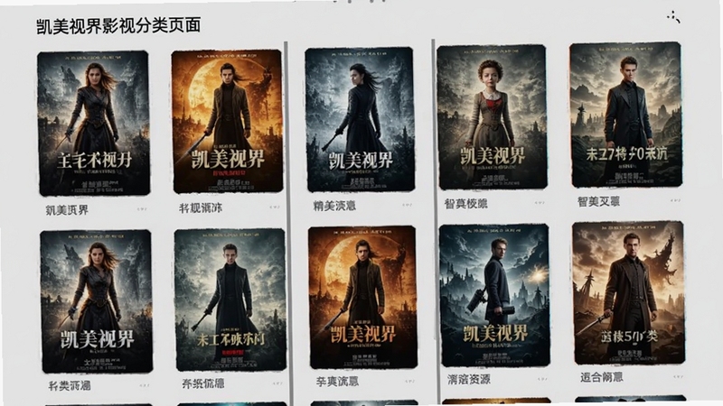凯美视界影视分类页面,画面展示多个影视海报以网格状排列,分类标签清晰可见,背景为浅灰色,手机屏幕竖版构图,界面干净整洁,突出资源丰富的特点