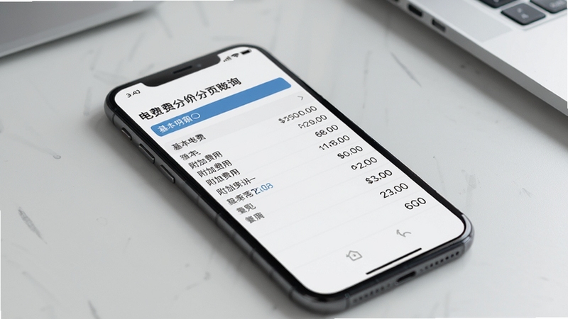 网上电费记录软件缴费明细查询界面,手机屏幕显示电费分项数据列表,包含基本电费与附加费用条目,背景为淡灰色办公桌面,画面清晰直观