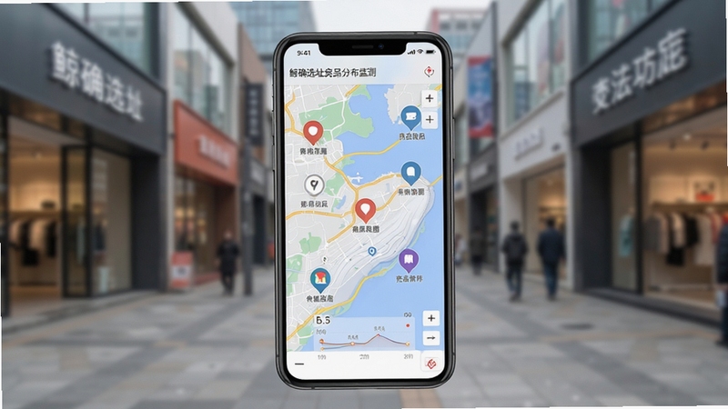 鲸确选址竞品分布监测功能演示,画面主体为手机屏幕地图上标注多个竞品店铺图标,背景为商业街区实景虚化,风格写实清晰,突出数据可视化效果