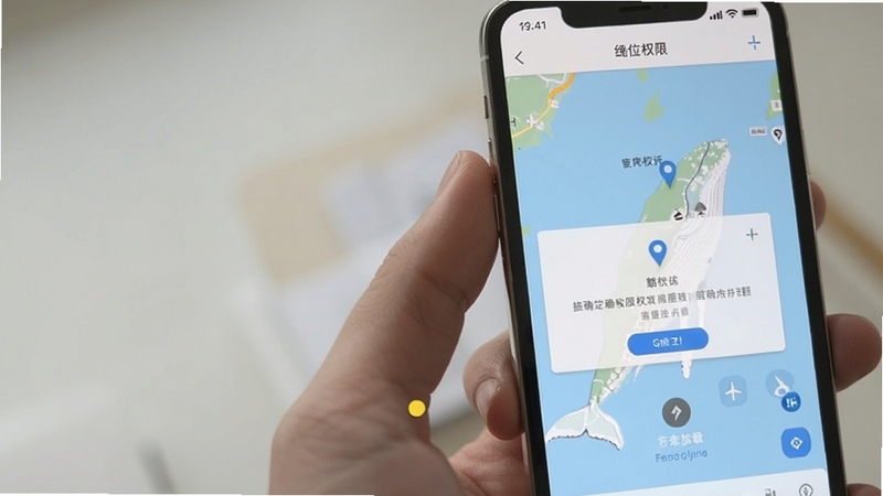 鲸确选址移动端操作界面截图,画面主体为手机屏幕显示定位权限设置与地图加载状态,背景为手持手机特写,风格简洁实用,突出操作指引