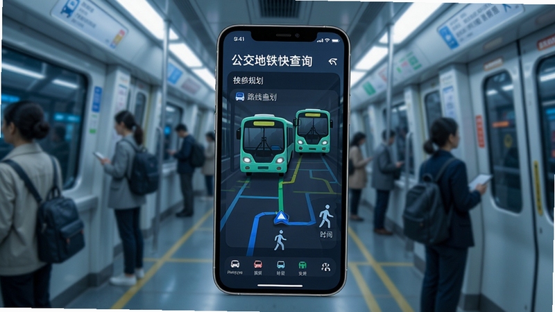 公交地铁快查询 换乘规划界面 路线方案 地铁公交组合 步行导航 时间估算 手机屏幕 科技感 出行场景
