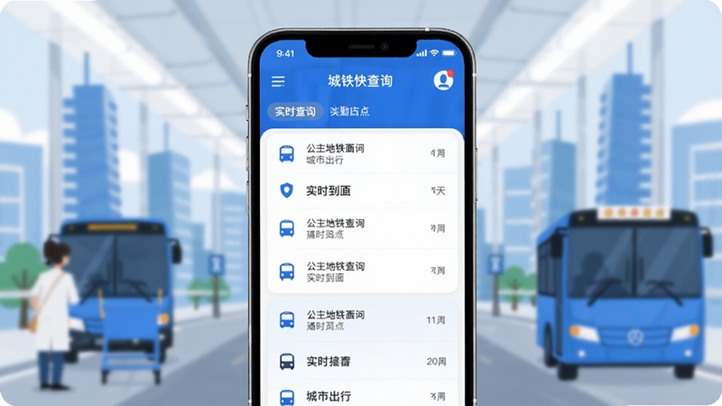 公交地铁快查询 软件主界面 城市出行 通勤场景 手机应用 清爽UI 站点列表 实时到站 蓝白配色 现代都市 扁平化设计