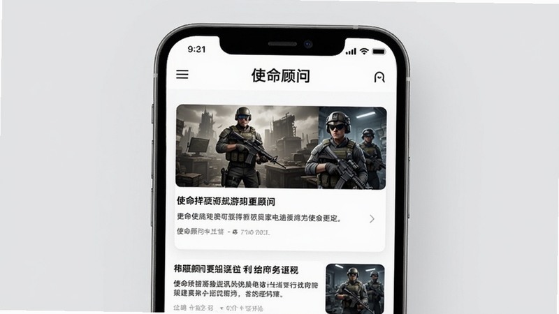 使命顾问游戏资讯页面展示,画面主体为手机屏幕内显示使命顾问APP的资讯列表界面,每条资讯带有标题与缩略图,背景为浅灰色调,屏幕上方有使命顾问字样,整体风格简洁明快,突出信息阅读的舒适感