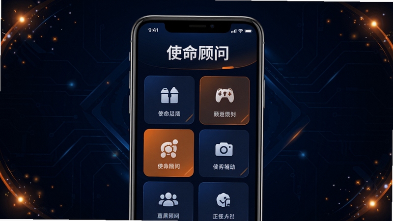 使命顾问软件主界面展示,画面中央是手机屏幕,屏幕内显示使命顾问APP的首页布局,顶部有使命顾问文字标识,中部为功能模块图标排列整齐,背景为深色科技风格,四角带有微光粒子效果,整体色调为深蓝与橙色搭配,突出游戏辅助工具的科技感与专业感