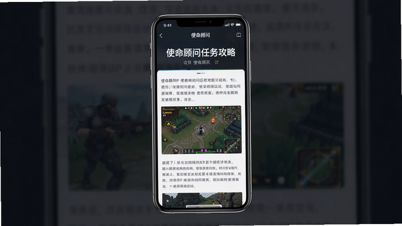 使命顾问任务攻略详情页展示,画面中央为手机屏幕,屏幕内显示使命顾问APP的攻略文章页面,文章标题醒目,正文段落分明,配有游戏截图示意,背景为深色半透明遮罩,突出攻略内容的专业性与可读性