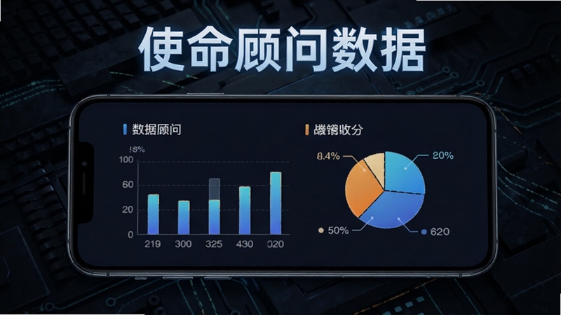 使命顾问战绩数据面板展示,画面中央为手机屏幕,屏幕内显示使命顾问APP的数据统计图表,包含柱状图与饼图,数据标签清晰,背景为深色科技纹理,屏幕上方有使命顾问数据字样,突出数据分析的专业感