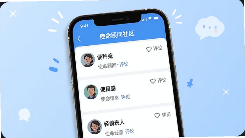 使命顾问社区交流界面展示,画面主体为手机屏幕内显示使命顾问APP的社区帖子列表,帖子带有用户头像、昵称与评论数,背景为浅蓝色调,屏幕顶部有使命顾问社区字样,整体氛围活跃友好