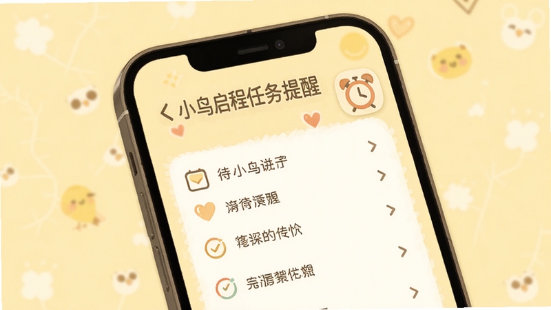 小鸟启程任务提醒界面,手机屏幕展示待办列表与闹钟图标,背景为淡黄色暖色调,风格温馨简洁