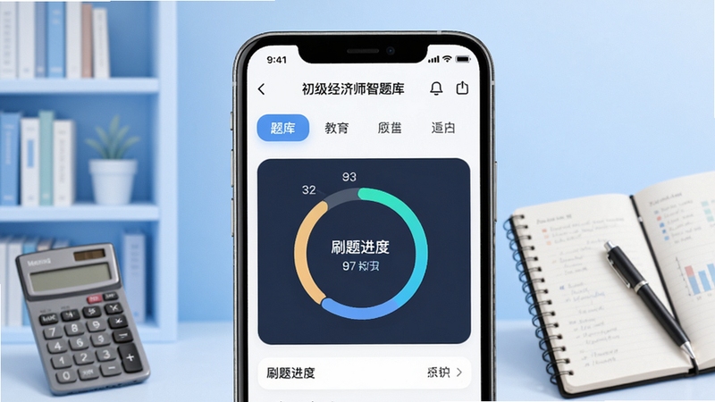 初级经济师智题库应用主界面全貌展示,画面中央为手机屏幕内显示题库分类导航与刷题进度环形图,背景区域为浅蓝色渐变书架与计算器、笔记本等学习元素点缀,整体风格清新商务,适配教育类软件宣传图