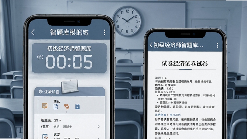 初级经济师智题库模拟考试界面展示,手机屏幕呈现倒计时、答题卡与试卷题目,背景区域为考场桌椅与时钟元素,色调偏冷静蓝灰,体现正式考试氛围