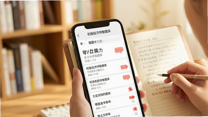 初级经济师智题库错题本功能界面,手机屏幕显示错题列表与红色标记,背景区域为整理笔记的手部动作与书架,风格温暖明亮,强调查漏补缺的学习场景