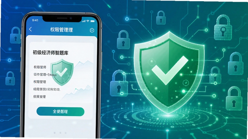 初级经济师智题库安全使用宣传图,画面主体为手机屏幕显示权限管理界面与绿色安全盾牌图标,背景区域为简洁的科技感线条与锁形元素,整体色调蓝绿相间,传递安全可靠感
