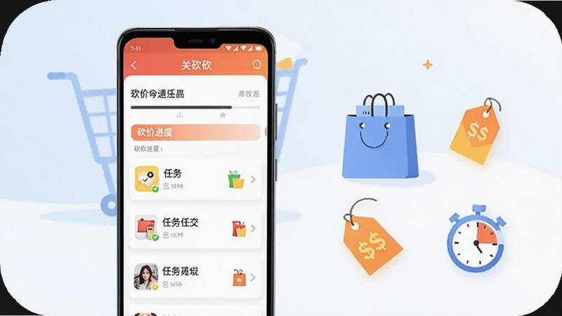 整体画面以关砍砍软件为核心,画面中央偏左位置放置一部竖屏安卓手机,手机屏幕上展示关砍砍应用主界面,包含砍价进度条与任务列表卡片,背景区域为浅蓝渐变至白色的简洁购物场景插画,右侧点缀购物袋、价格标签与计时器图标,整体风格清爽明快,扁平化设计,适合软件下载站首图展示
