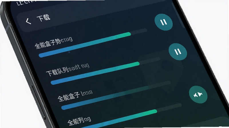 一部智能手机屏幕特写,屏幕上显示下载任务列表界面,多条进度条以蓝绿色调呈现,旁边有暂停和继续按钮图标,背景为深色渐变,突出全能盒子的下载队列管理功能,画面构图简洁现代,适合软件下载站配图使用