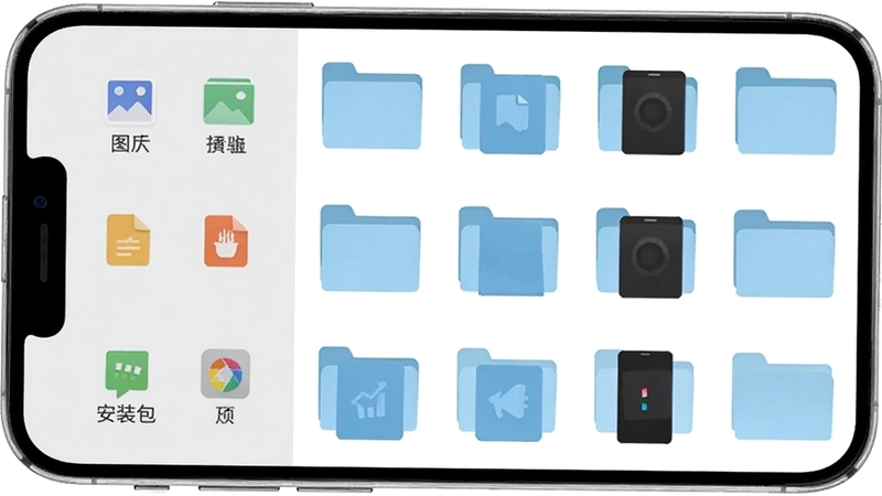 手机文件管理界面示意图,左侧显示分类图标包括图片、文档、安装包等,右侧展示对应文件夹内容预览,整体配色为浅灰与白色搭配,界面干净整洁,体现全能盒子的本地资源分类整理能力,画面采用俯视角度呈现手机屏幕