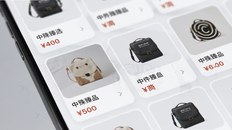 中殊臻选应用内商品列表页面特写,画面中央为多张商品卡片整齐排列,卡片上清晰展示商品图片与价格信息,背景为柔和浅灰,整体视觉清爽有序,体现精选商品聚合的界面细节