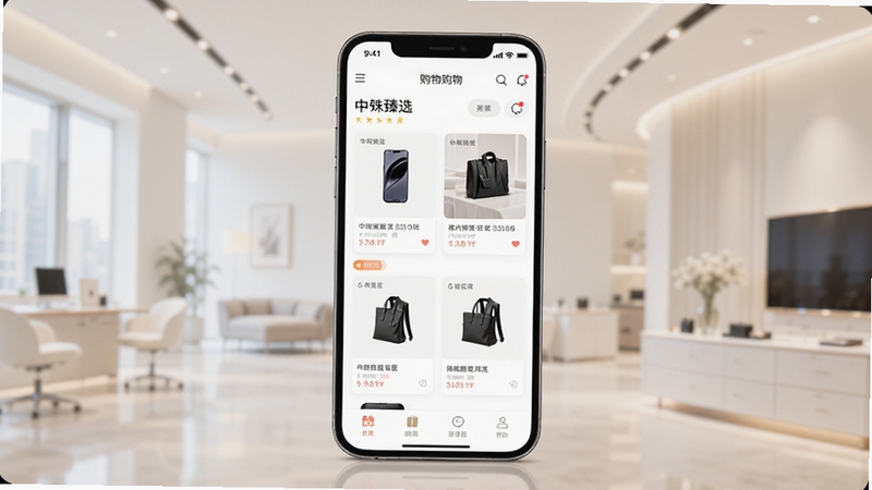 画面主体为中殊臻选手机应用界面,居中展示购物首页与精选商品卡片,背景为浅色渐变商务环境,整体风格简洁现代,突出移动端购物应用的清爽布局与品质感