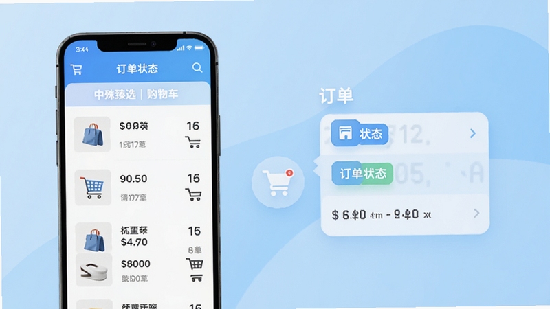 中殊臻选购物车与订单管理界面示意图,画面展示手机屏幕内购物车商品列表与订单状态标签,背景为浅蓝渐变,风格简洁明快,突出流程管理的便捷性