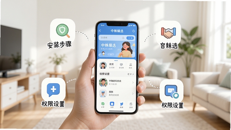 中殊臻选新手使用场景示意图,画面展示用户手持手机浏览应用界面,周围配有安装步骤与权限设置的小图标元素,背景为明亮简洁的室内环境,整体风格亲和易懂
