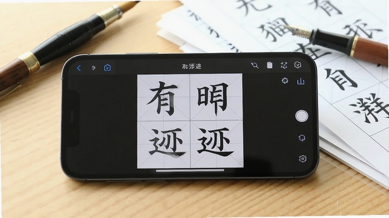 画面主体为一部横向放置的智能手机,屏幕中央展示无印有迹字帖编辑界面,界面内可见田字格排版与描红文字;背景区域为浅木色书桌,桌上散放毛笔、钢笔与一叠打印好的字帖纸张,整体光线柔和明亮,风格写实清新