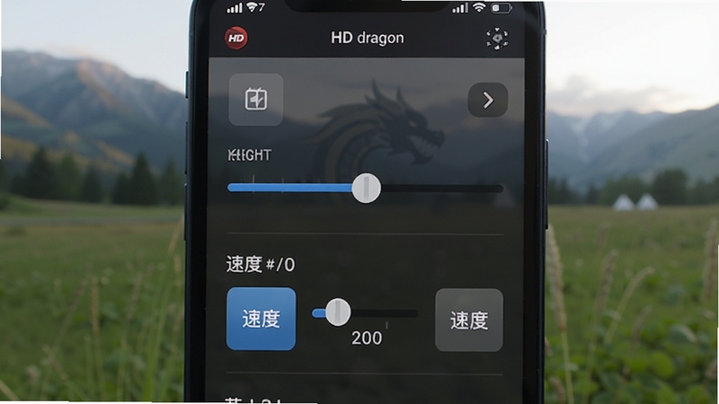 画面主体为手机屏幕特写,屏幕中HD dragon软件的参数调节面板清晰可见,包含高度滑块与速度档位按钮,背景区域为模糊的户外草地与远山,光线柔和自然,整体风格为产品展示类摄影质感,细节突出界面文字与控件层次