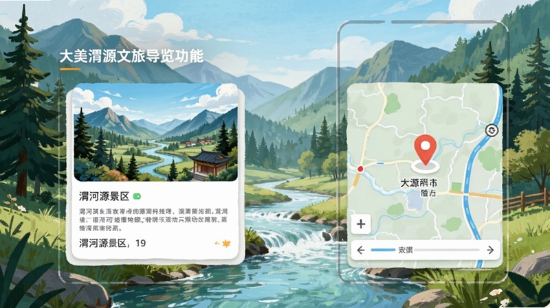 大美渭源文旅导览功能界面,手机屏幕中展示渭河源景区图文介绍卡片与地图定位标记,背景为渭源山地森林与溪流实景风格插画,画面明亮通透,细节清晰,适配Boogu模型生成