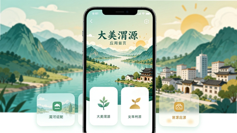 大美渭源应用首页整体界面展示,手机屏幕居中放置,画面主体为渭河源头山水与城市风貌融合的插画背景,前景为简洁的卡片式功能入口,色调以青绿与暖黄为主,整体风格清新自然,适配Boogu模型生成