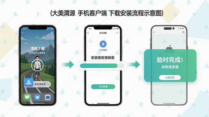 大美渭源手机客户端下载安装流程示意图,画面展示手机屏幕从下载到安装完成的步骤分解,背景为简洁浅色几何图形,主体突出安装进度条与完成提示,风格干净直观,适配Boogu模型生成