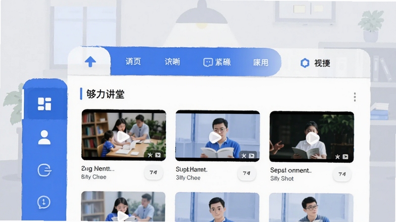 够力讲堂应用界面截图风格插画,画面主体为分类导航栏与视频列表卡片,背景为淡灰色学习空间,配色以蓝白为主,突出分类清晰与浏览便捷,细节包含图标与缩略图