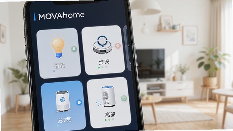 MOVAhome 应用界面特写,手机屏幕显示多设备控制卡片,智能灯泡、扫地机器人、空气净化器等图标清晰可见,背景为浅色居家环境,画面风格清新科技感,突出统一控制与状态总览功能