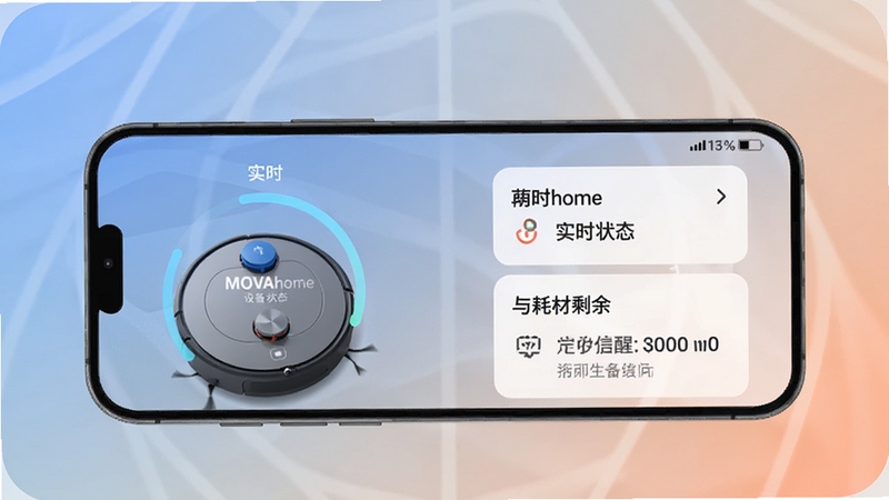 MOVAhome 设备详情页面示意图,手机屏幕展示扫地机器人运行状态与耗材剩余信息,界面元素清晰,背景为柔和渐变色调,整体风格简洁现代,突出实时反馈与提醒功能