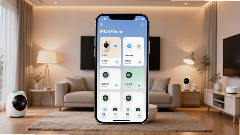 画面中心位置展示一部智能手机,屏幕内呈现 MOVAhome 应用主界面,卡片式设备控制面板排列整齐,背景为现代简约风格客厅,暖色调灯光,智能设备环绕四周,整体风格干净明亮,突出智能家居统一管理的视觉感受,适配 Boogu 模型生成