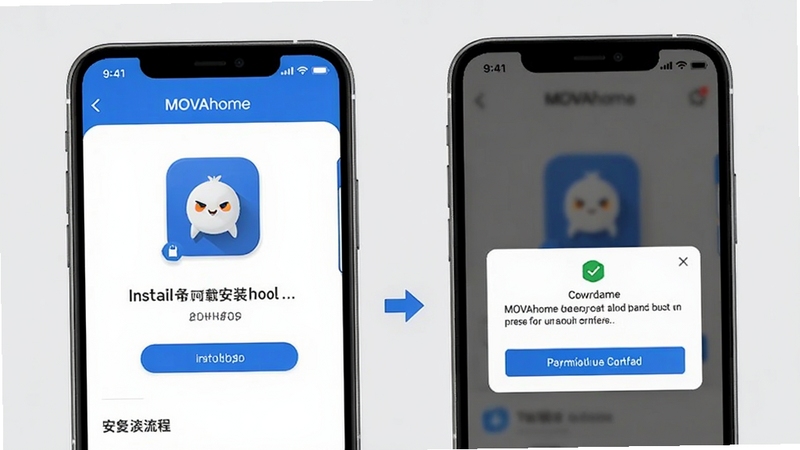 MOVAhome 应用安全下载与安装流程示意图,手机屏幕展示安装包下载页面与权限确认弹窗,背景为简洁的浅灰色调,画面风格清晰直观,突出安全下载与规范安装的主题