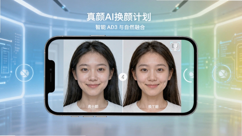 整体展示真颜AI换颜计划应用界面与换颜效果对比,画面主体为手机屏幕中显示人物换颜前后对比图,背景为简洁明亮的科技感渐变空间,突出智能换颜与自然融合的视觉主题