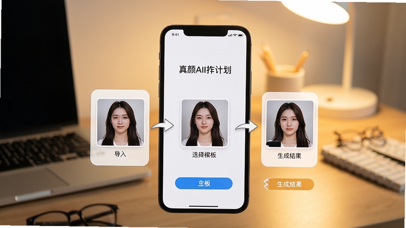 真颜AI换颜计划新手操作流程示意,画面主体为手机屏幕展示从导入照片到选择模板再到生成结果的步骤界面,背景为简洁的桌面环境与柔和光线,体现清晰易懂的操作引导
