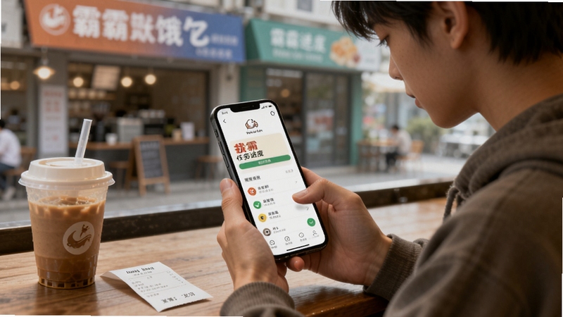 画面为一位年轻用户坐在咖啡店内低头查看手机,手机屏幕显示霸霸饿了任务进度页面,桌面上放着饮品与纸质小票,背景虚化呈现街边店铺招牌,光线柔和自然,突出生活化探店氛围,适配Boogu模型生成