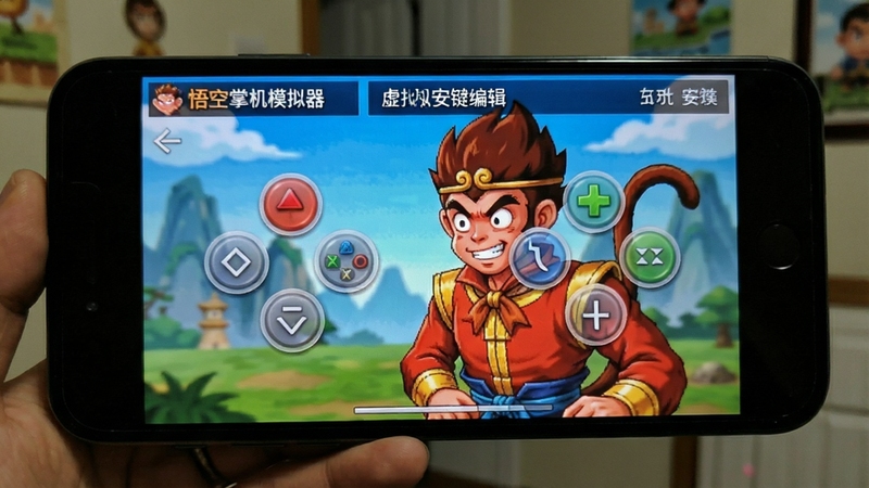 悟空掌机模拟器 虚拟按键编辑界面 按键拖拽调整 半透明按键 手机横屏 游戏设置画面