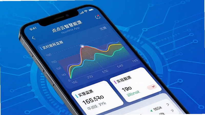 点点云智慧能源App实时能耗监测界面,手机屏幕显示彩色能耗曲线图与数据卡片,背景为简洁的蓝色科技感渐变,画面清晰明亮,突出移动端操作场景
