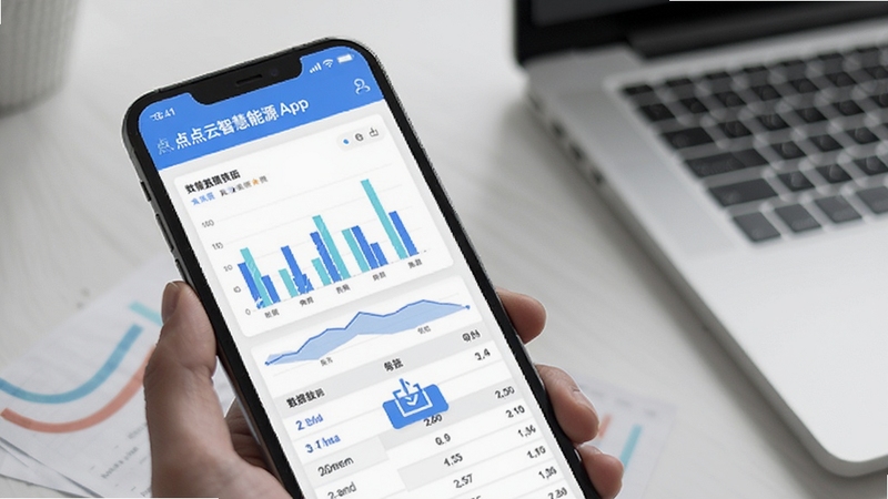 点点云智慧能源App数据报表页面,手机屏幕展示柱状图与数据表格,旁边有导出按钮图标,背景为浅灰色办公桌面与笔记本,体现高效办公与数据分析场景